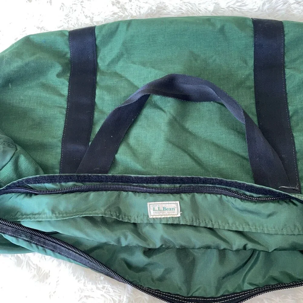 Vintage LL Bean Canvas Duffle Bag Green Black Freeport Maine 30” X 10” X 12”